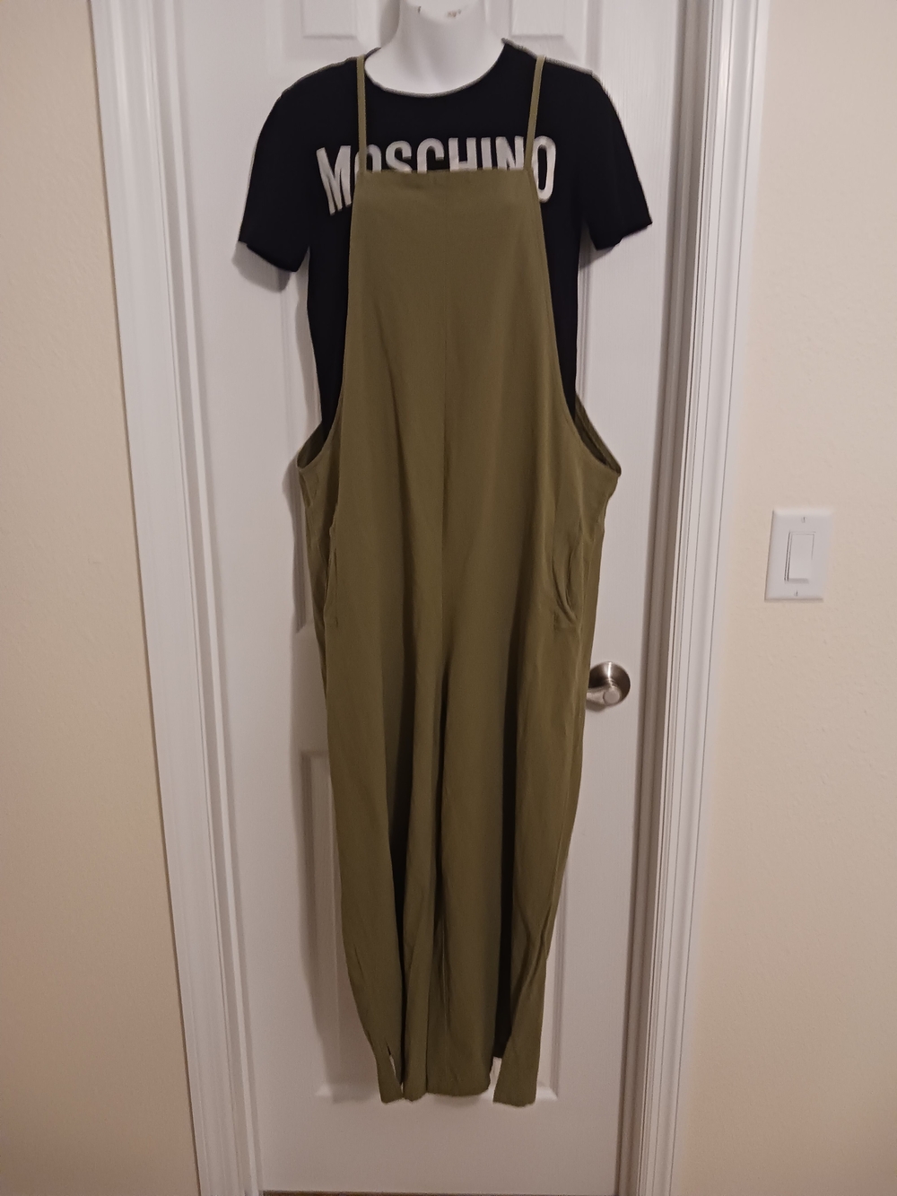 Olive Green Wide-Leg Jumpsuit Baggy Cotton Linen Med